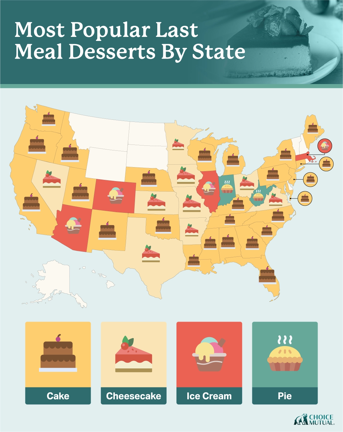 A U.S. map showing the most popular last meal dessert by state
