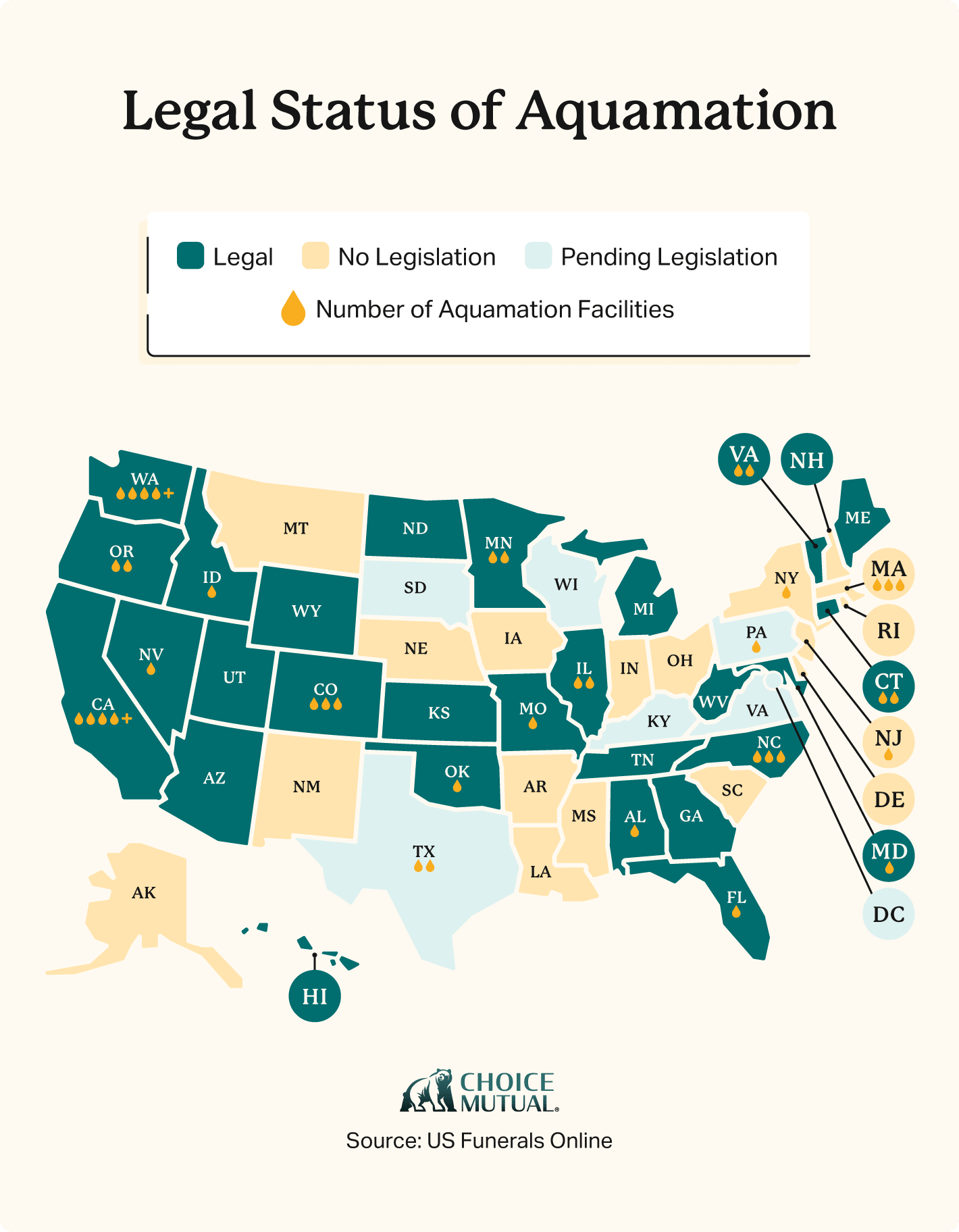 A map of the United States showing where aquamation facilities are legal and where they're located. California and Washington have the greatest number of facilities in the U.S.