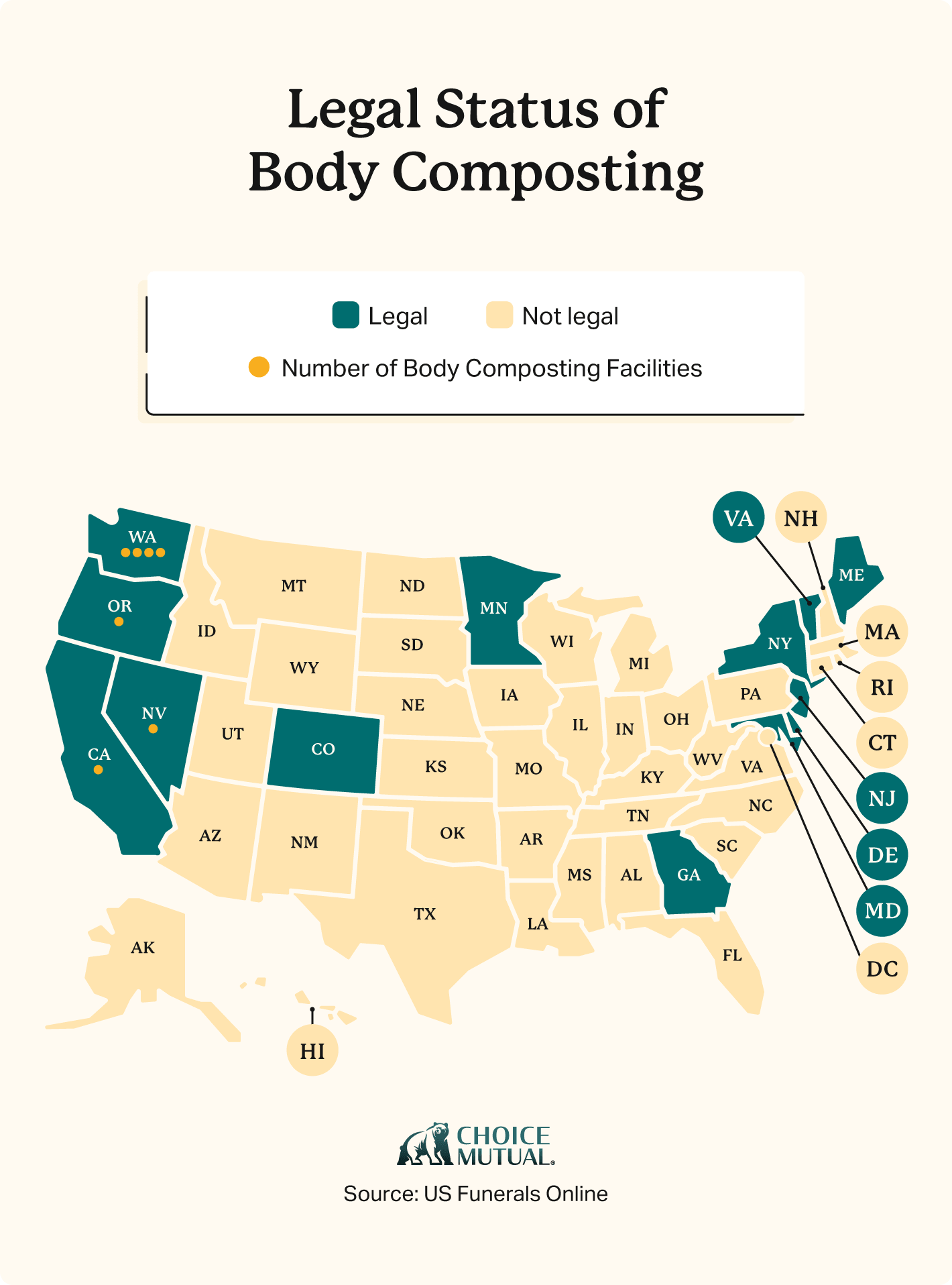 A map of the United States showing where body composting facilities are legal and where they're located. Washington has the greatest number of facilities in the U.S.